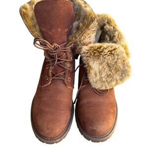 Timberland Women’s  Sz 7.5D Brown Boots Suede Leather Lace Up W/ Fur Cuff
